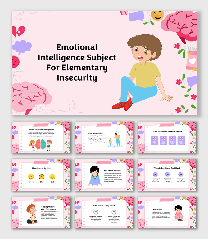 Cartoon slides teach emotional intelligence, insecurity, confidence, and empathy to elementary students with fun visuals.