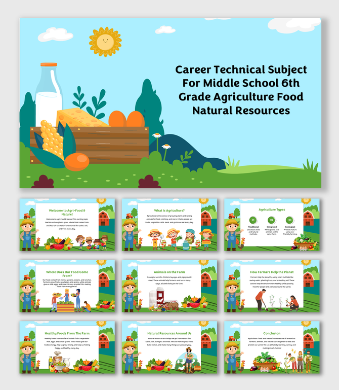 Learn agriculture types, food sources, farm animals, healthy eating, and natural resources in one fun lesson.