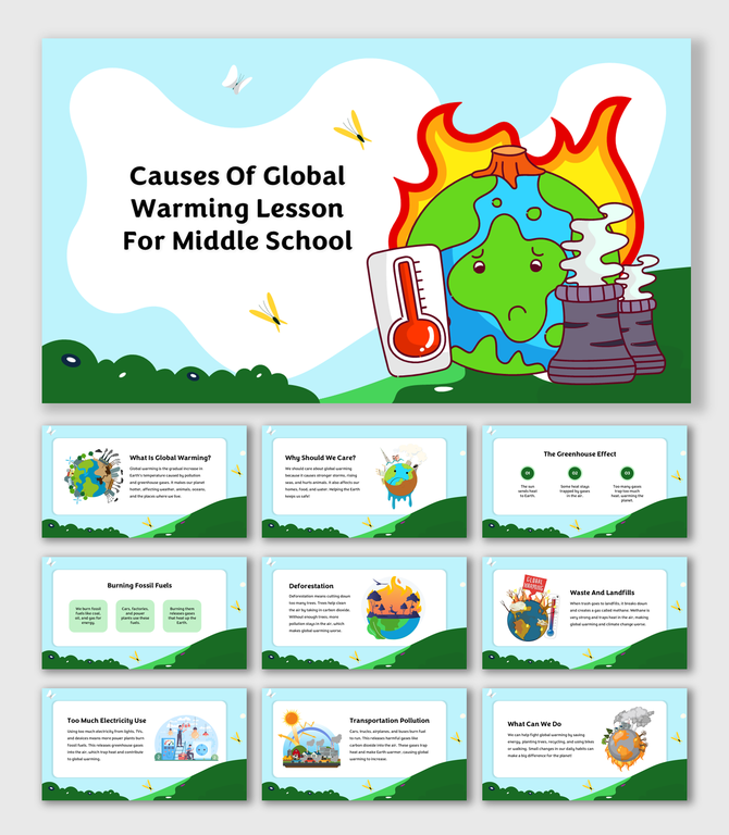 Global warming is driven by fossil fuels, deforestation, electricity overuse, transport pollution, and landfills.