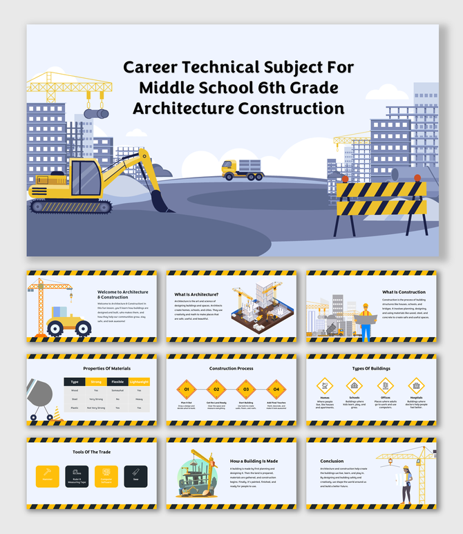 Explore architecture, tools, materials, building types, and construction steps in a fun, visual way for grade 6 learners.