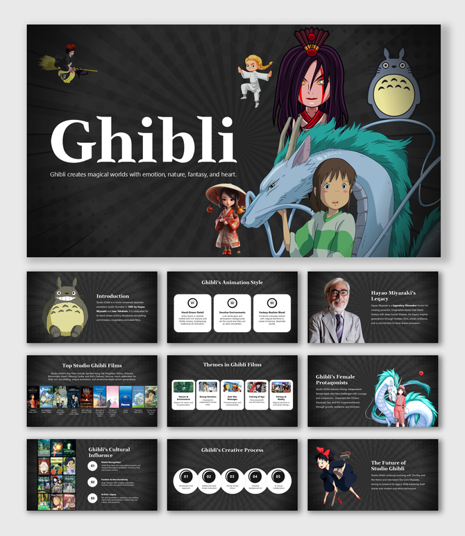 Ghibli blends hand-drawn art, strong female leads, fantasy worlds, cultural depth, and timeless storytelling.