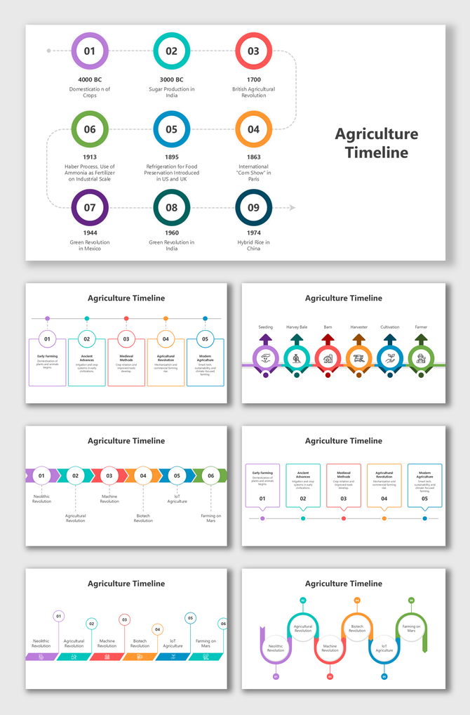 Agriculture Timeline slides with colorful circles, arrows, flowcharts, step boxes, and icons showing farming history.