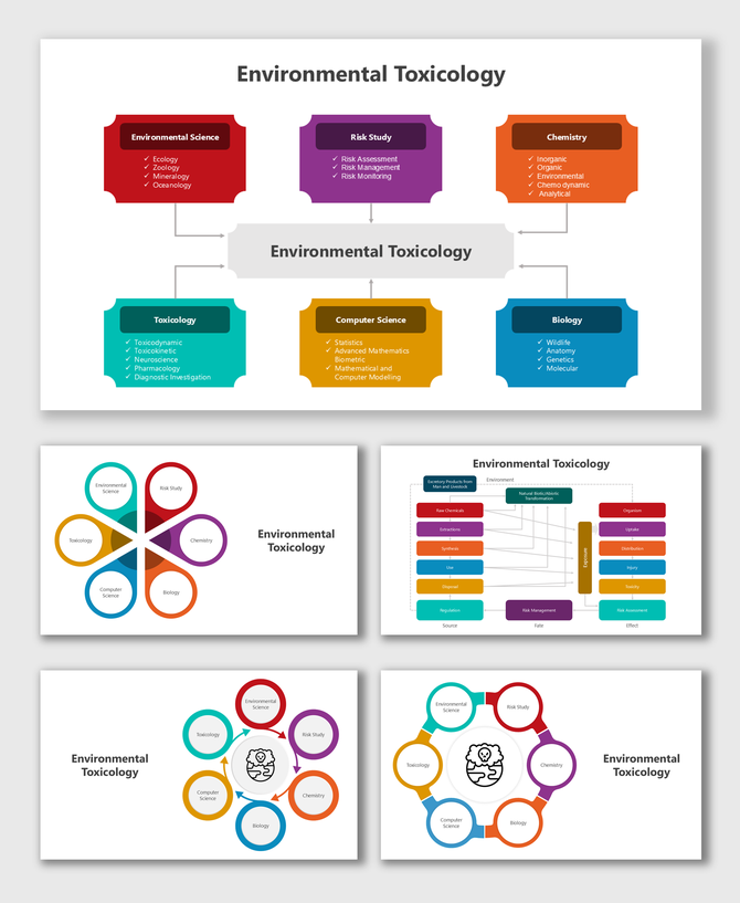 Environmenal Toxicology slides with petal diagrams, flowcharts, science icons, and colorful placeholders for disciplines.