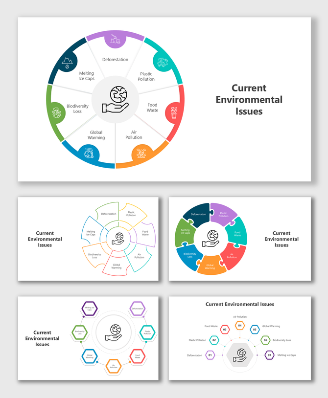 Current Environmental Issues slides with circular diagrams, colorful segments, hexagon icons, and infographic placeholders.