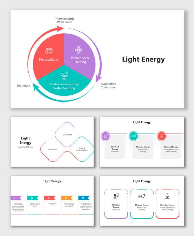 Light Energy slides with circular diagrams, icons, and colorful boxes for electrical, thermal, chemical types.
