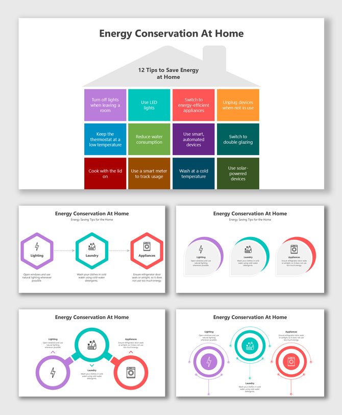 Energy Conservation at Home slides with house layouts, colorful grids, icons, and circular tips for energy-saving ideas.