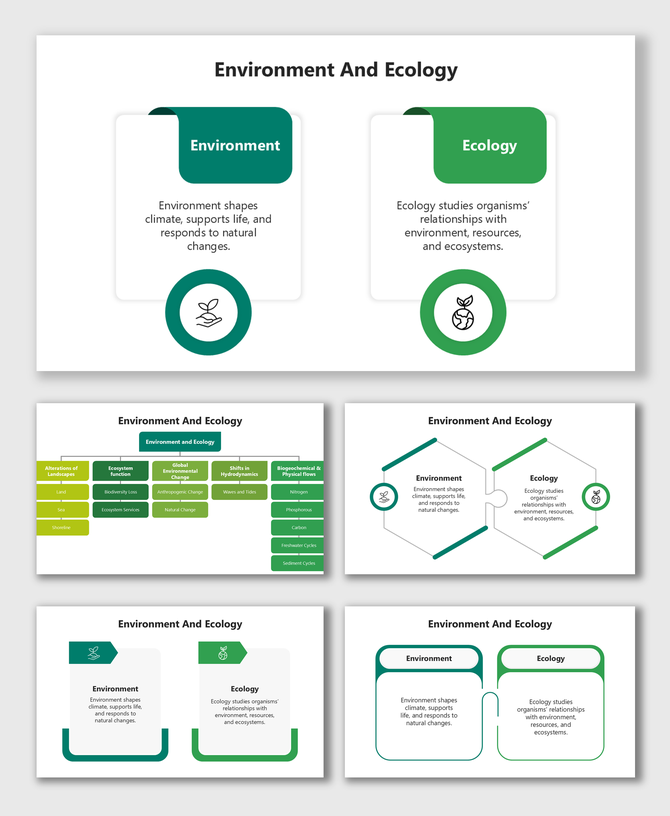 Environment and Ecology slides with dual-color layouts, icons, comparison boxes, flowcharts, and structured placeholders.
