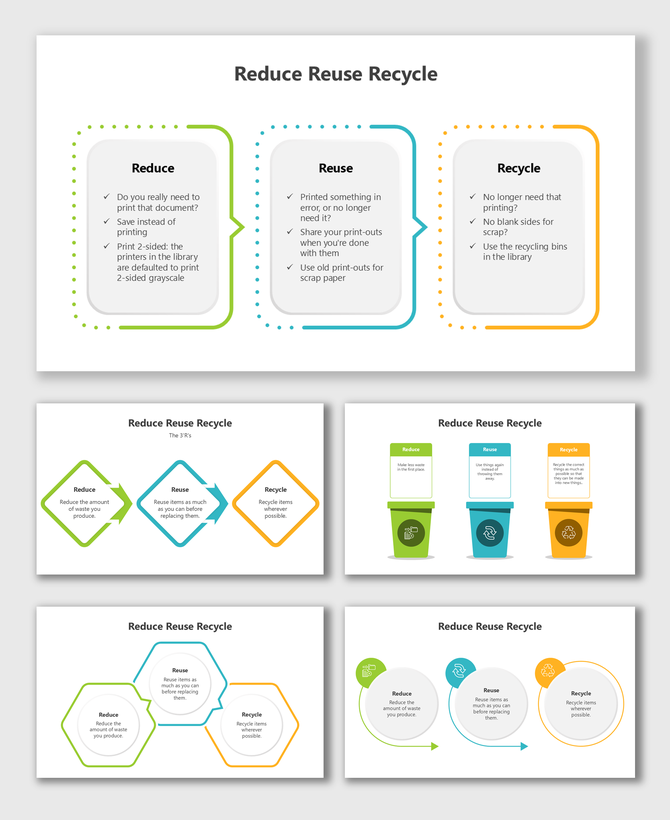 Reduce Reuse Recycle slides with icons, arrows, color-coded bins, and structured placeholders for the 3R concept.
