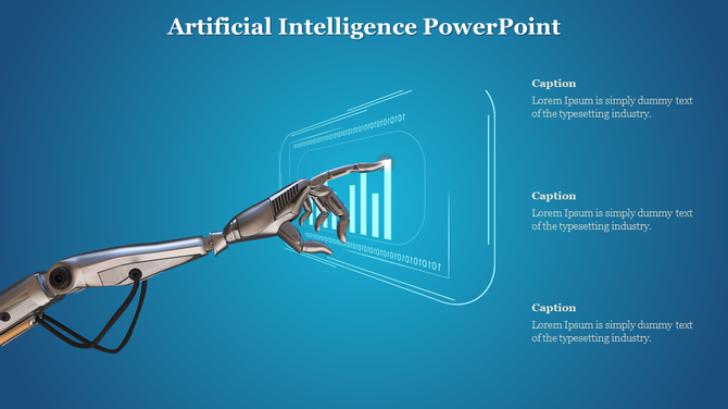 Artificial Intelligence slide showcasing a robotic arm interacting with a futuristic data interface on a blue background.