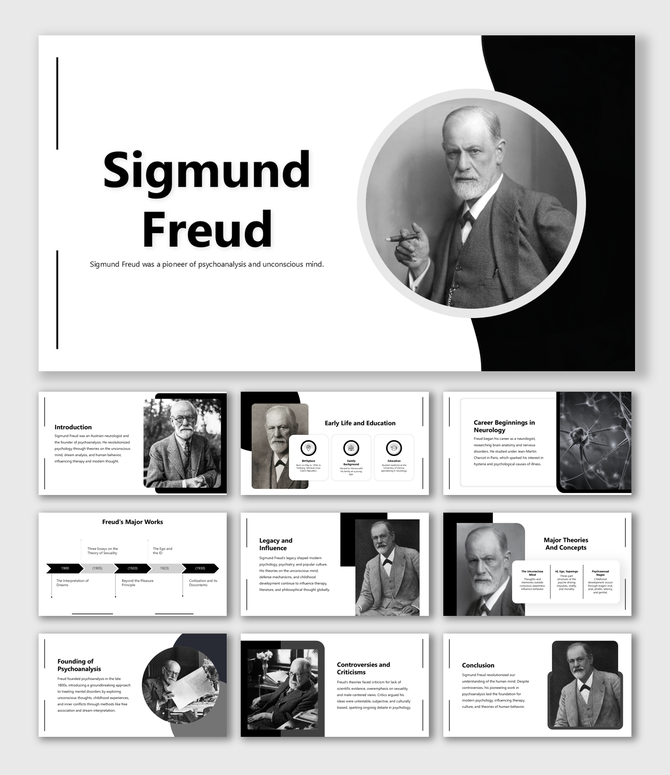 Sigmund Freud slide deck with monochrome layout, portraits, icons, and structured educational content blocks.
