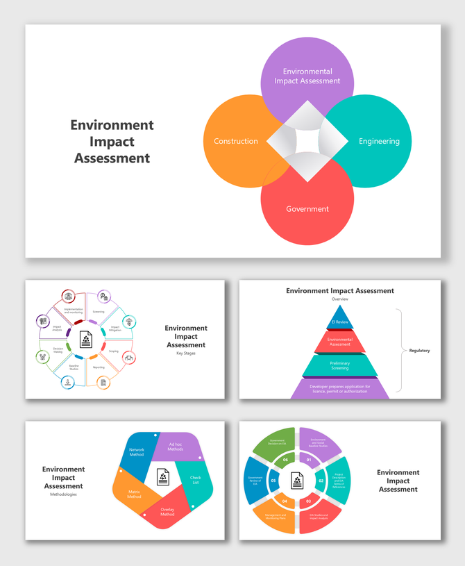 EIA visuals showing key stages, methods, and roles across construction, government, and engineering sectors.
