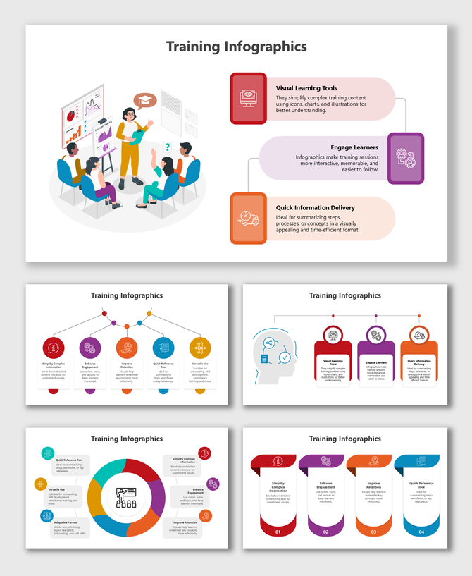 Training infographics with icons, charts, illustrations, and colorful layouts for simplified and engaging learning.