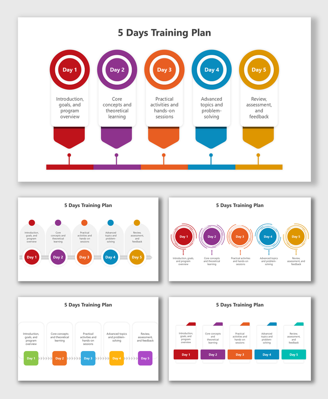 5 Days Training Plan slides with colorful steps, icons, timelines, and structured layouts for daily session flow.