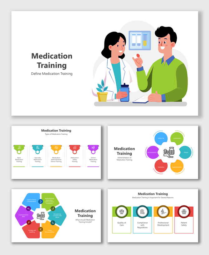 Medication Training slides with icons, illustrations, flowcharts, and colorful layouts for safety and learning topics.