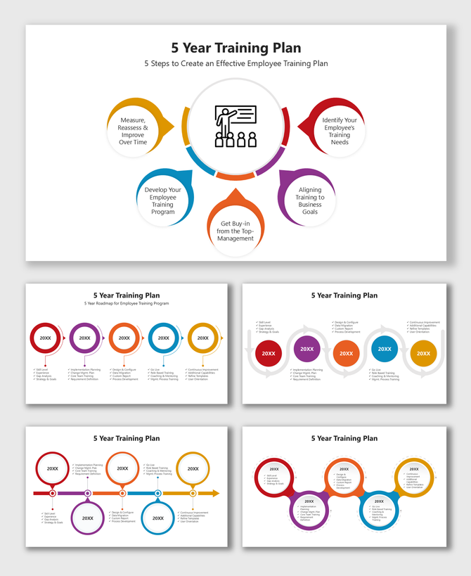 5 Year Training Plan slides with circular timelines, arrows, icons, and colorful flows for yearly milestones.