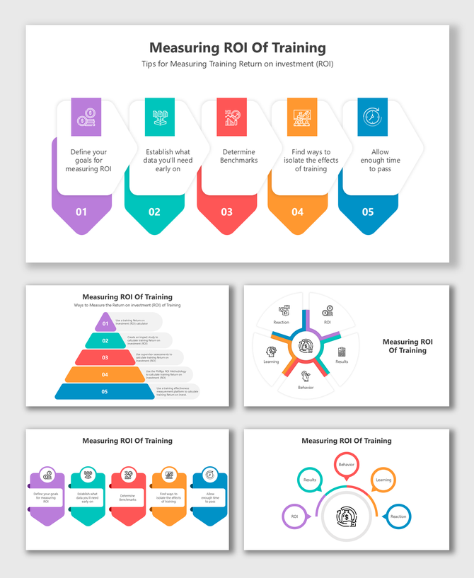 Measuring ROI of Training slides with icons, flowcharts, pyramids, and colorful layouts to track training impact.