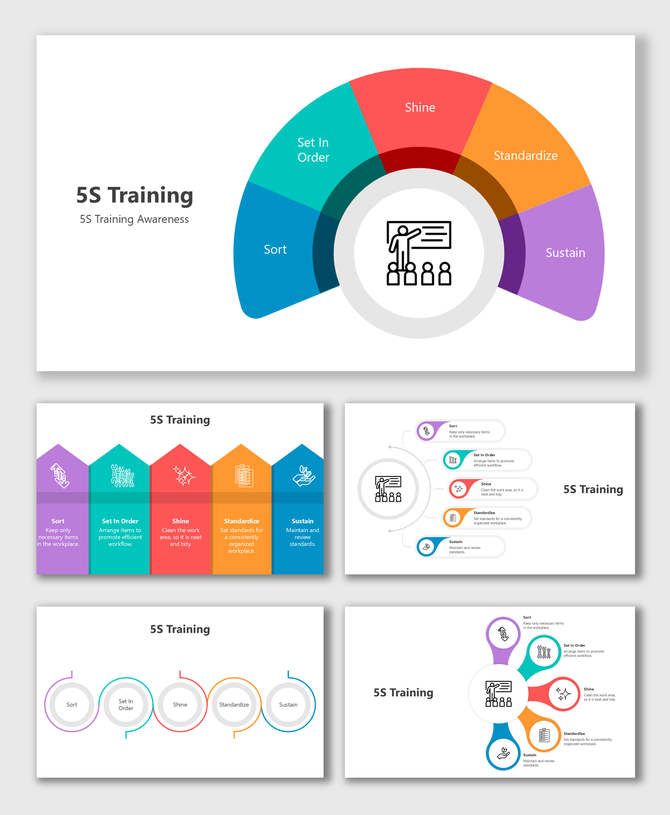 5S Training slides with colorful icons, flowcharts, radial layouts, and visual steps for workplace organization.