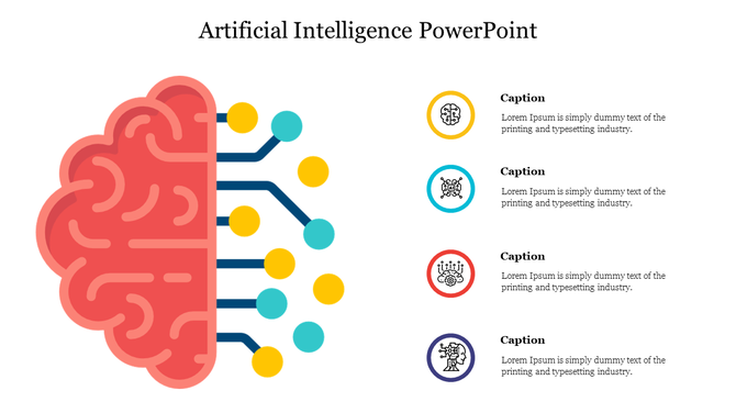 Red brain illustration connecting to blue and yellow circular nodes, and four vertical captions on the right.