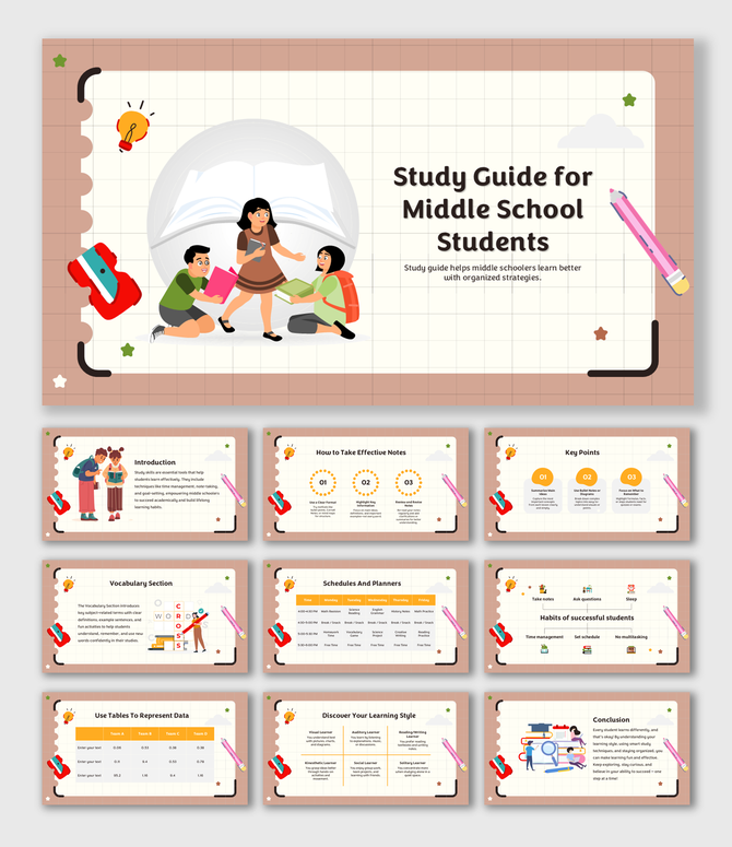 Study guide slides with student illustrations, grid layouts, icons, and planners for middle school learning.