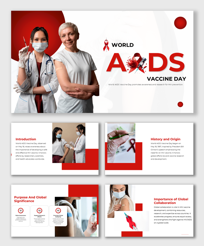 Doctors, syringes, awareness ribbon, vaccination scenes, and global HIV vaccine collaboration visuals.