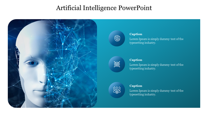 A PowerPoint slide on artificial intelligence featuring a digital human face with neural network connections.