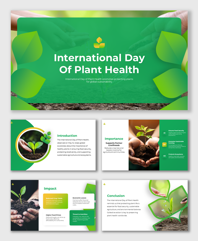 Plant health slides with green theme, plant growth visuals, captions, icons, and sustainability-focused layouts.