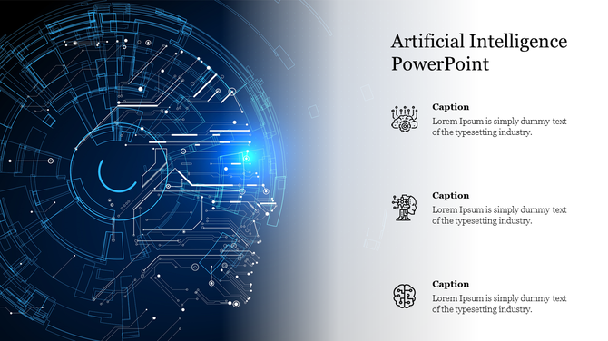 Slide showing a futuristic AI design with a blue digital circuit pattern and space for three captions each with icons.