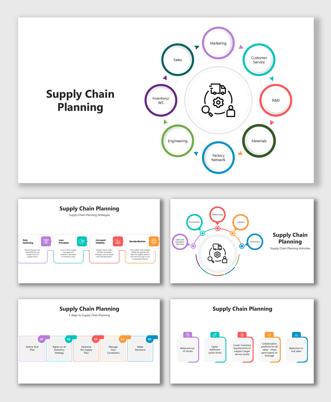 Colorful supply chain planning slides with circular icons, flowcharts, and step-by-step blocks for visualizing key processes.