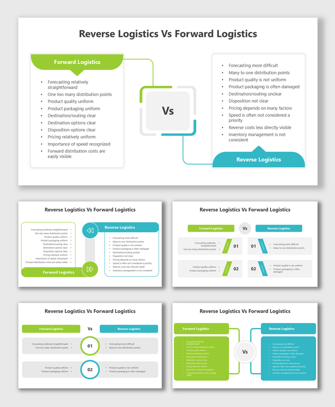 Reverse Logistics Vs Forward Logistics slides with green-blue blocks, Vs icons, bullet points, and mirrored layouts.