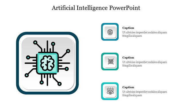 Central brain and circuit design in a square layout with teal highlights, paired with three icons and captions on the right.