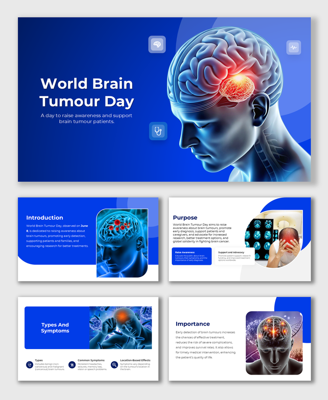 World Brain Tumour Day slides with 3D brain visuals, symptoms, purpose, and blue color theme for awareness.