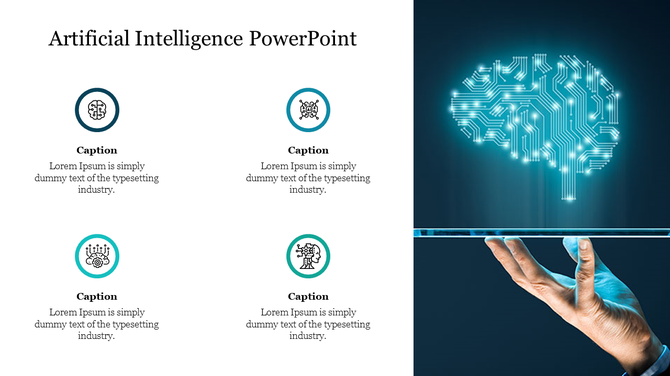 Artificial intelligence icons on the left and a glowing digital brain held by a hand on the right with four captions areas.