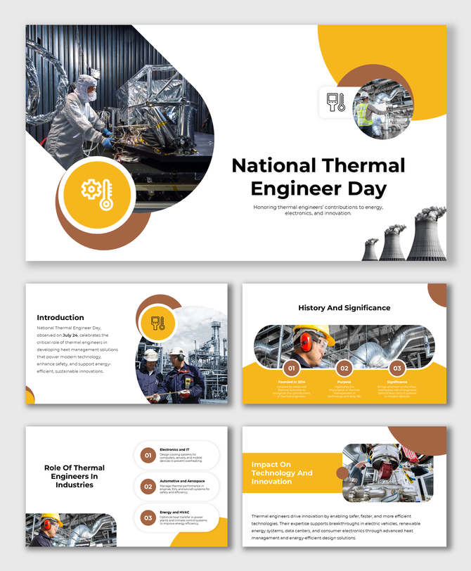 National Thermal Engineer Day deck with icons, yellow-brown shapes, engineers, history, and industry roles.