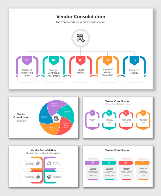 Vendor Consolidation slides with colorful icons, steps, pie chart, and blocks showing benefits and phases.