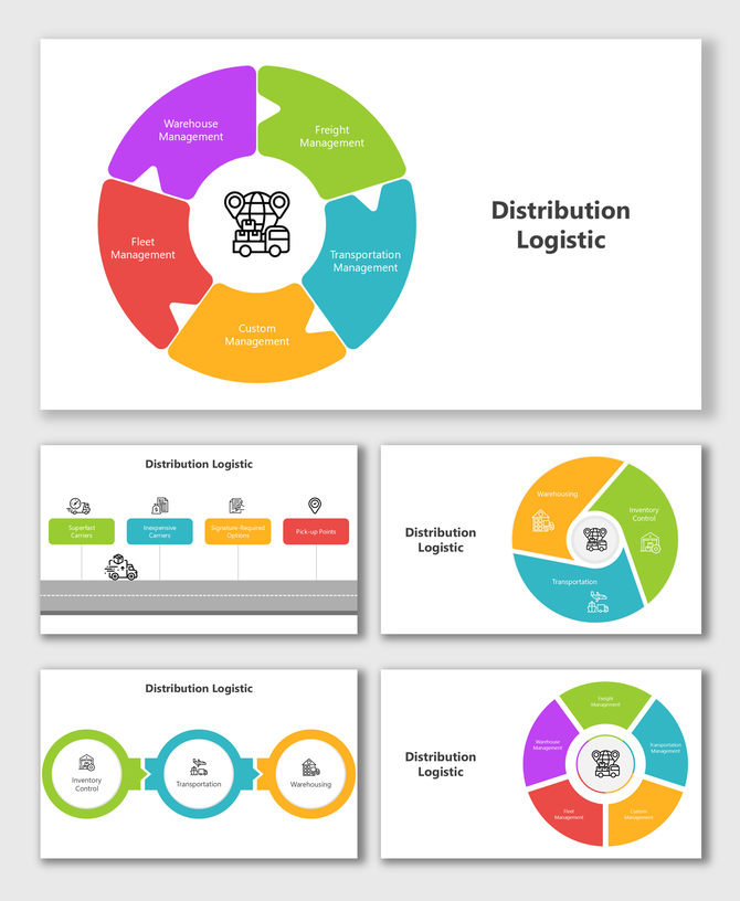 Distribution Logistic slide with colorful cycles and icons for transport, freight, warehouse, and inventory flow.
