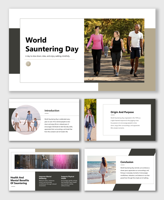 World Sauntering Day slides with people walking, tan-black layout, health tips, purpose, and calm lifestyle.