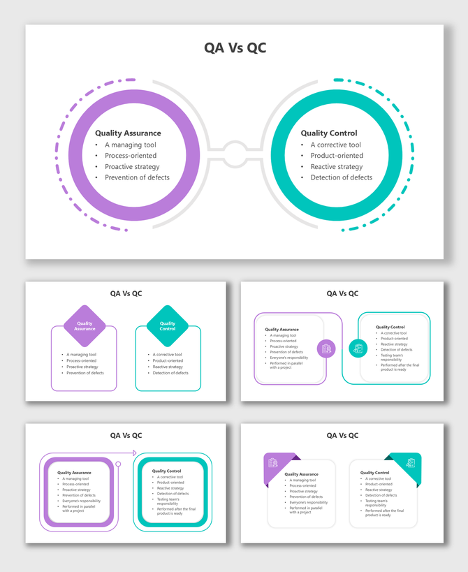 QA Vs QC slides with purple-teal shapes, icons, text boxes, bullet points, and side-by-side visual comparisons.
