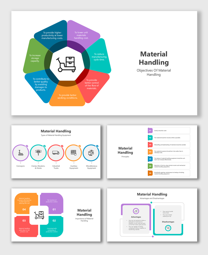Material Handling slides with icons, colorful diagrams, timelines, tips, pros and cons shown in clean modern layouts.