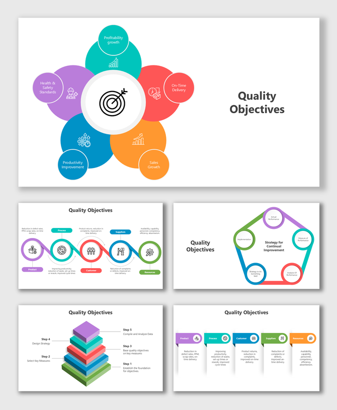 Quality Objectives slides with colorful petals, steps, charts, and icons showing goals, flow, and improvement strategy.
