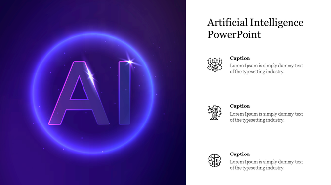 Artificial Intelligence PowerPoint design with glowing AI symbol in a purple futuristic setting with three captions.