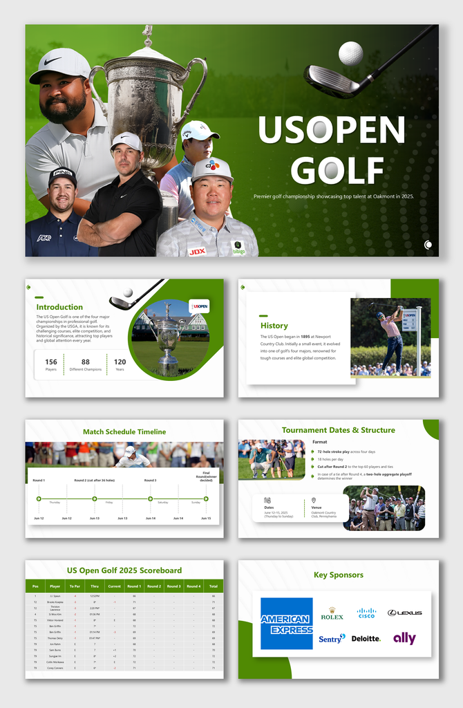 US Open Golf 2025 slides show players, trophy, match schedule, scores, and sponsors in a clean green-themed layout.