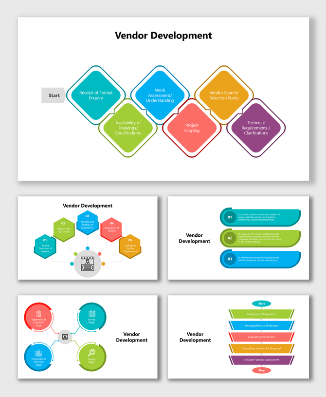 Vendor Development with colorful shapes, icons, layered steps, funnel flow, and vendor selection and evaluation process.