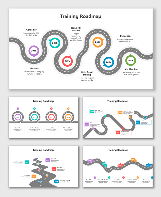 Orientation, core skills, hands-on practice, role-based training, and evaluation guide learner growth.