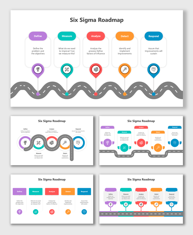 Six Sigma Roadmap with 5-step flow, icons, bold colors, curved road, and clear text boxes in flat design.