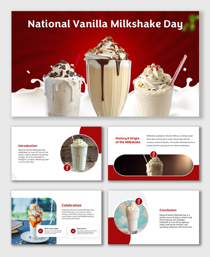 National Vanilla Milkshake Day slides with red theme, creamy shake photos, bold text, icons, and celebration tips.