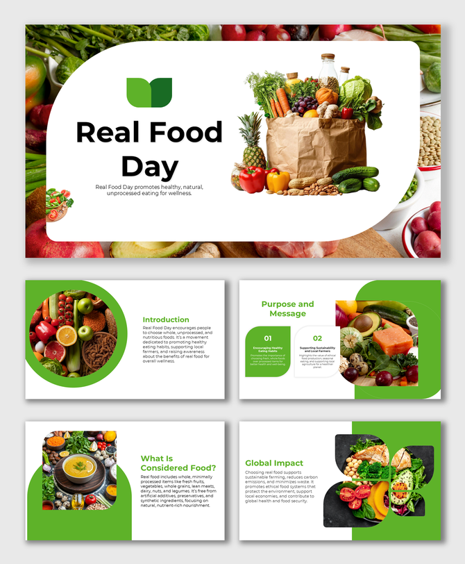 Real Food Day slides with green theme, fresh produce images, wellness tips, mission points, and clean modern layout.