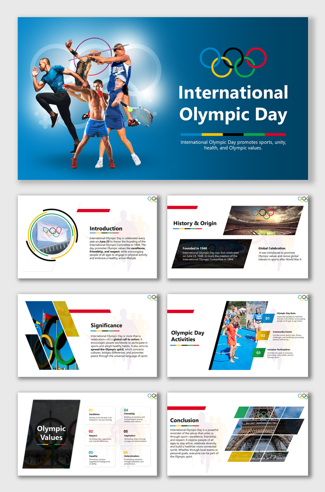 International Olympic Day slides with athletes, Olympic rings, bold shapes, colorful blocks, and event highlights.