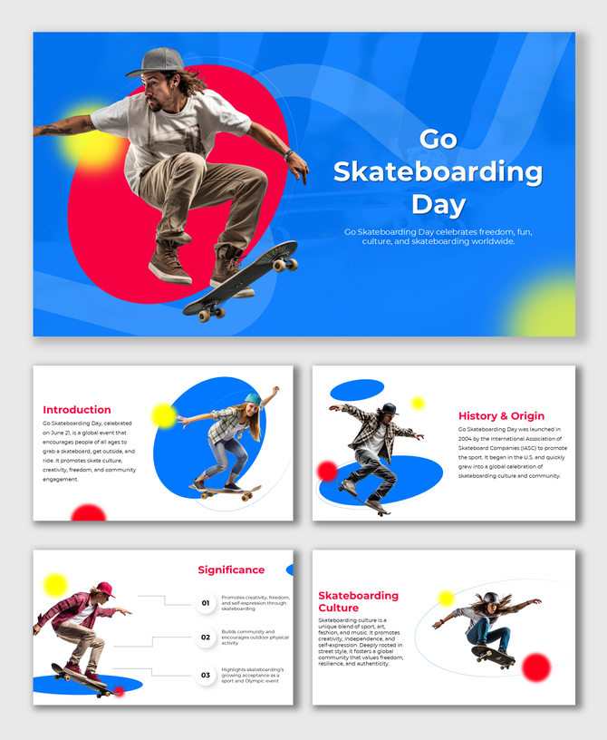 Promotes creativity, unity, physical skills, celebrates skate culture, and honors Go Skateboarding Day globally.