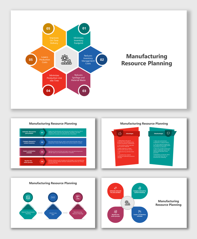Manufacturing Resource Planning slides with colorful blocks, flow diagrams, icons, charts, and planning process visuals.