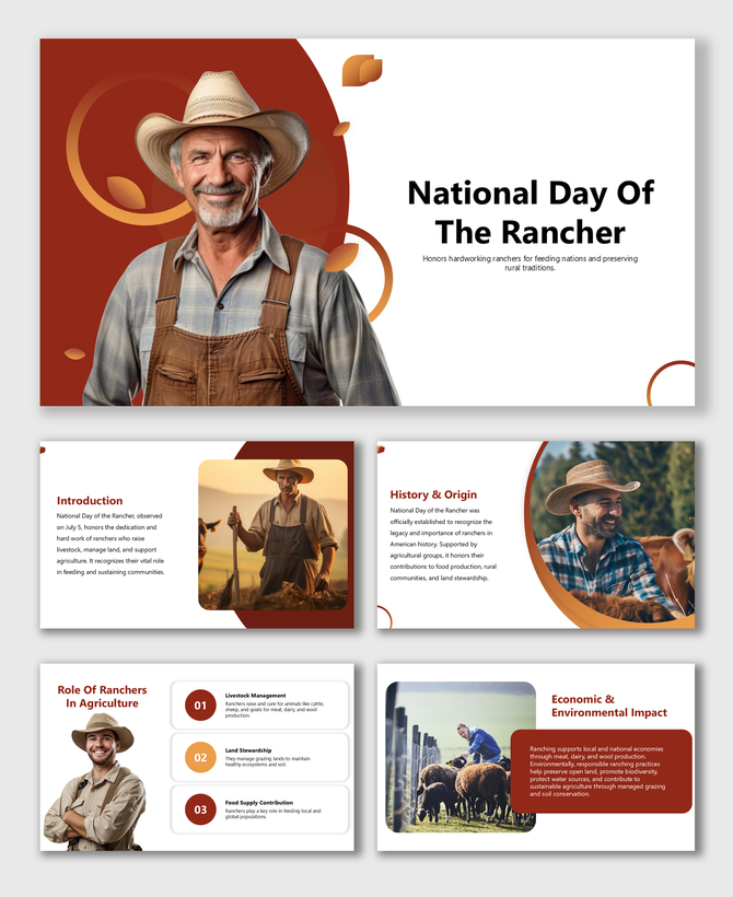 National Day Of The Rancher slides with rancher photos, cattle, red-orange theme, clean text blocks, and agriculture tips.